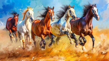 The painting depicts an artistic drawing of a herd of Arabian horses - obrazy, fototapety, plakaty