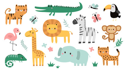 Naklejka premium Cute African Safari zoo animal set. Cartoon giraffe, iguana, zebra, alligator crocodile, elephant, cheetah, flamingo bird, lion monkey tiger, toucan, butterfly. Flat design White background Vector