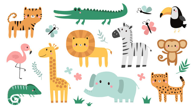 Cute African Safari zoo animal set. Cartoon giraffe, iguana, zebra, alligator crocodile, elephant, cheetah, flamingo bird, lion monkey tiger, toucan, butterfly. Flat design White background Vector
