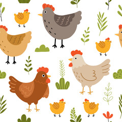 Seamless pattern with cute chicken, flowers and leaves for your fabric, children textile, apparel, nursery decoration, gift wrap paper. Vector illustration - obrazy, fototapety, plakaty