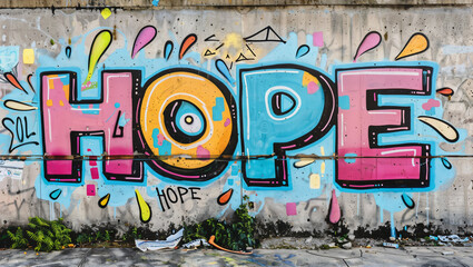 The word "HOPE" as an artistic illustration graffiti on an old concrete wall in colorful hues.
