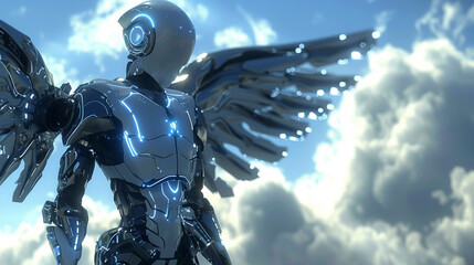 Angel robot in heaven Serene robotic angel, with glowing wings, patrols heavenly realms, ensuring harmony and order , hyper realistic, low noise, low texture - obrazy, fototapety, plakaty