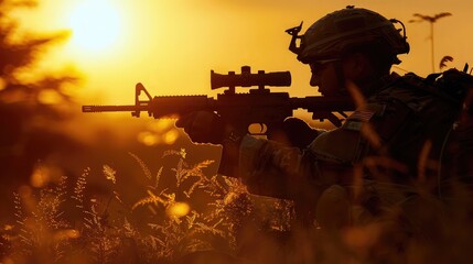 military. soldier silhouette in uniform with machine gun or assault rifle at summer evening sunset - obrazy, fototapety, plakaty