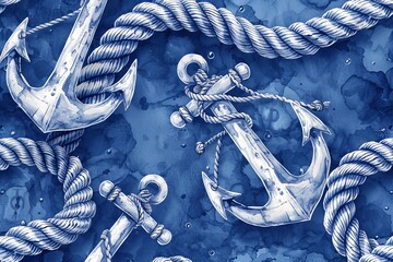 Modern Summer Nautical mood seamless pattern with ropes and anchors on navy blue background for fashion, wallpaper, fabric, and all prints