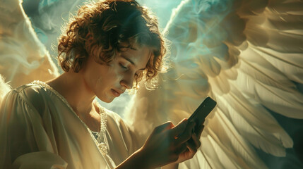 Angel with smartphone Divine being scheduling heavenly duties, merging ethereal existence with digital organization , hyper realistic, low noise, low texture - obrazy, fototapety, plakaty