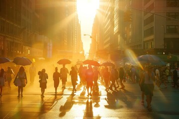 Umbrellas dominate a cityscape against the glaring sun. The reality of heatwaves in urban environments - obrazy, fototapety, plakaty
