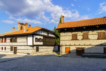 Street with typical buildings, in Bansko