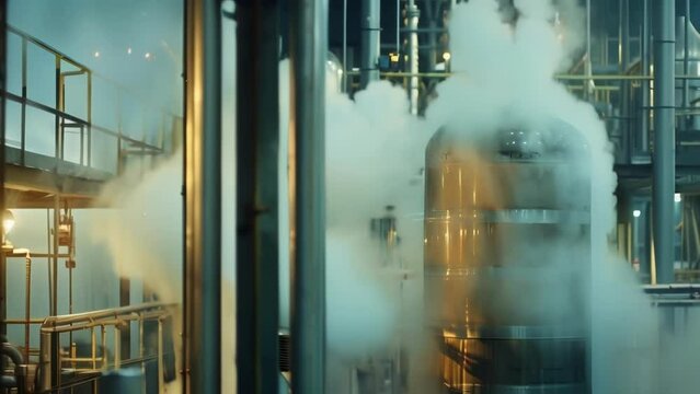 A burst of steam from a tall cylindrical vessel indicates the intense heat and pressure used in the manufacturing of sulfuric acid with safety measures such as warning lights