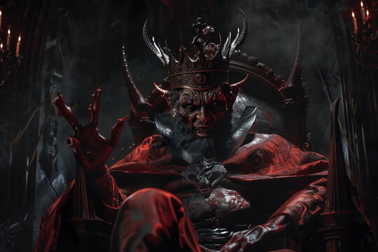 Demon as king Demon in a crown, on a dark throne, commands the netherworld with a blend of charisma and malevolence , hyper realistic, low noise, low texture