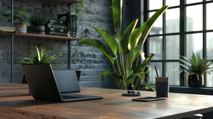 Modern workplace with laptop, coffee cup and houseplant on wooden table