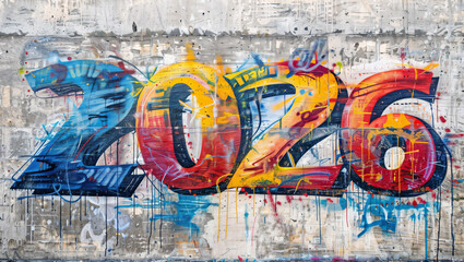 The text "2026" as an artistic illustration graffiti on an old concrete wall in colorful hues.