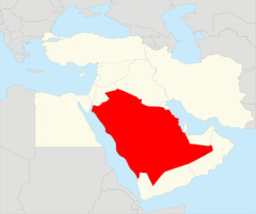 Red simple blank political map of SAUDI ARABIA with black borders on gray  continent background and blue sea surfaces using orthographic projection of the highlighted beige Middle East