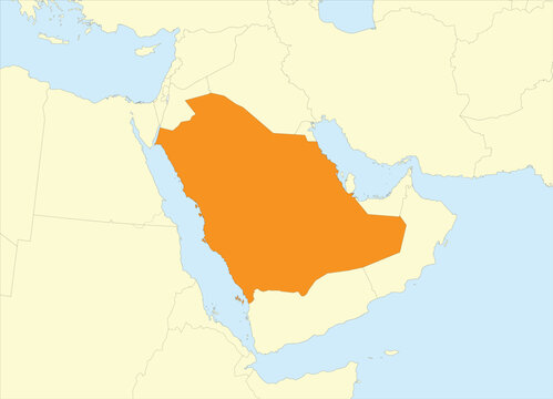 Orange detailed blank political map of SAUDI ARABIA with black borders on beige continent background and blue sea surfaces using orthographic projection of the Middle East
