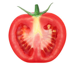 half tomato with leaves isolated, transparent PNG, PNG format, juicy, cut out