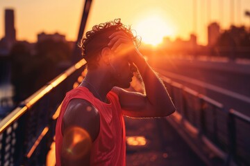 Exhausted runner wiping sweat off forehead in heatwave. Enduring extreme heat during exercise.