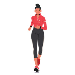 Fototapeta premium Young Girl Athlete In Motion Front View. Sportswoman Character Dashes With Determination, Vector Illustration