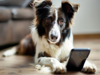 Dog with smartphone Loyal dog using a phone, exemplifying advanced training and communication in a techsavvy world , hyper realistic, low noise, low texture