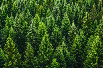 Forest Trees Background. Lush Green Spruce and Pine Trees in Sustainable Timberland Ecosystem - obrazy, fototapety, plakaty