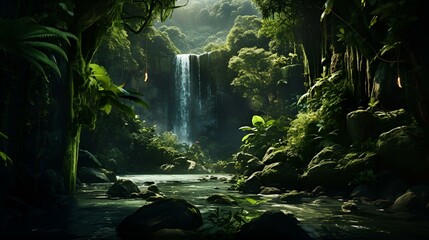 Dense jungle foliage with a hidden waterfall in the