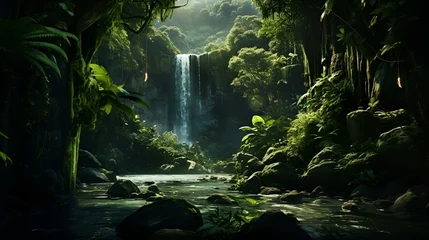  Dense jungle foliage with a hidden waterfall in the © Dxire