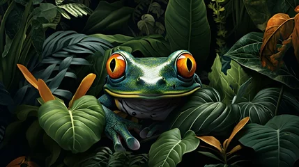 Fotobehang Frogs captivating gaze amidst lush leaves a wildlife © Dxire