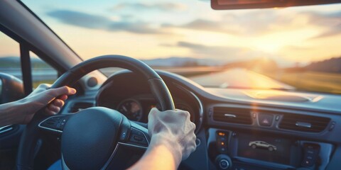 In Car. Driver's Hands on Steering Wheel at Sunset on Highway Road
