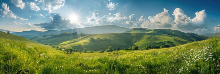 Hill Landscape. Beautiful Countryside Panorama in Romania with Sunny Spring Mountains - obrazy, fototapety, plakaty