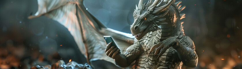 Dragon with smartphone Mythical creature curating hoards of digital treasures, fusing legendary greed with modern wealth apps , hyper realistic, low noise, low texture