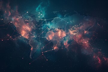 World map with connecting lines and dots. Global communication concept, Generative AI