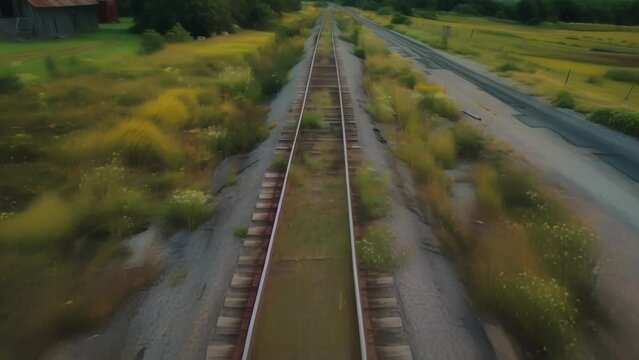 An old weathered train track runs parallel to a country road its once smooth metal now filled with bumps and rust. The surrounding . AI generation.