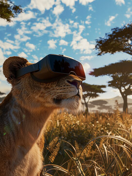 Lion in VR Rules digital savannahs, embodying majesty in a blend of real and virtual domains , hyper realistic, low noise, low texture