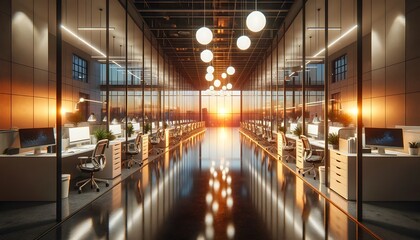 modern office space at dusk, with the warm glow of the setting sun illuminating a sleek interior with glass walls and a view of the city skyline.