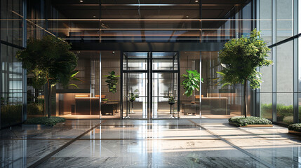 Aesthetic glass structure featuring a grand entrance with sliding glass doors.