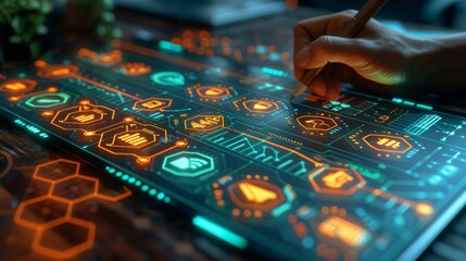 Business hands working on digital table and laptop analyzing network online data and economic growth graph chart, Business innovation technology concept.