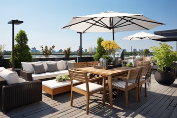 Fototapeta premium Sleek Furniture and Modern Vibes: Contemporary Style on a Rooftop Patio