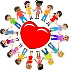 Group of multicultural kids hand in hand around big heart isolated on white