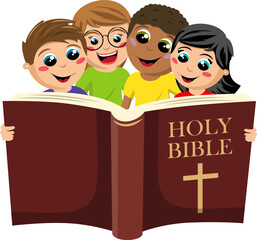 small group of multicultural kids reading the holy bible book isolated on white