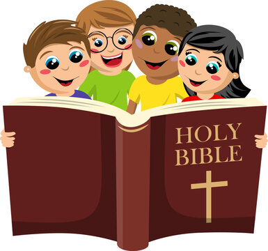 small group of multicultural kids reading the holy bible book isolated on white