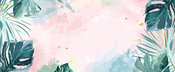 Abstract pastel watercolor tropical leaves frame background