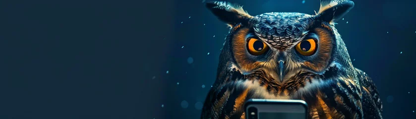 Outdoor kussens Owl with smartphone Wise owl researching nocturnal knowledge, epitomizing ageold wisdom in the digital era , hyper realistic, low noise, low texture © North