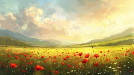 Afwasbaar Fotobehang Geel Beautiful landscape with red poppies 