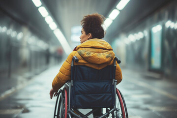 A young woman in a wheelchair goes for an independent walk. A man with a disability. - obrazy, fototapety, plakaty