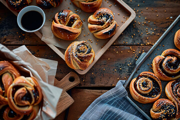 Warm, inviting image of homemade cinnamon rolls topped with seeds, paired with a cup of coffee, evoking a cozy feeling