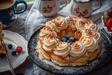 Beautifully presented fruit and cream-topped circular cake possibly celebrating an occasion