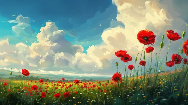 Beautiful landscape with red poppies
