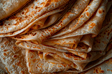 Close-up image of a stack of golden brown crepes, highlighting the textures and details