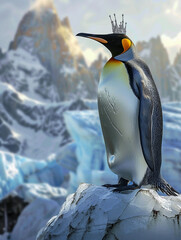Penguin as king Penguin, crowned in ice, on a glacier throne, whimsically governing the polar domain with chilly charisma , hyper realistic, low noise, low texture - obrazy, fototapety, plakaty