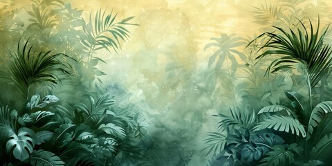 Fototapeta na wymiar Watercolor pattern wallpaper. Painting of a jungle landscape, Generative AI