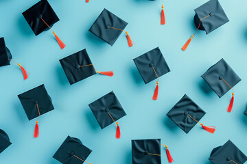 graduation hats flat lay pattern on a pastel blue background