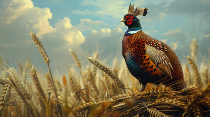 Pheasant as king Pheasant with a regal crown, on a throne of wheat, symbolizing rustic nobility and fertile dominion , hyper realistic, low noise, low texture - obrazy, fototapety, plakaty